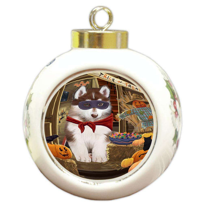 Enter at Own Risk Trick or Treat Halloween Siberian Huskie Dog Round Ball Christmas Ornament RBPOR53300