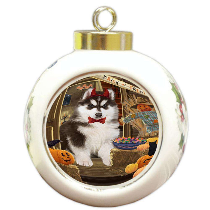 Enter at Own Risk Trick or Treat Halloween Siberian Huskie Dog Round Ball Christmas Ornament RBPOR53302