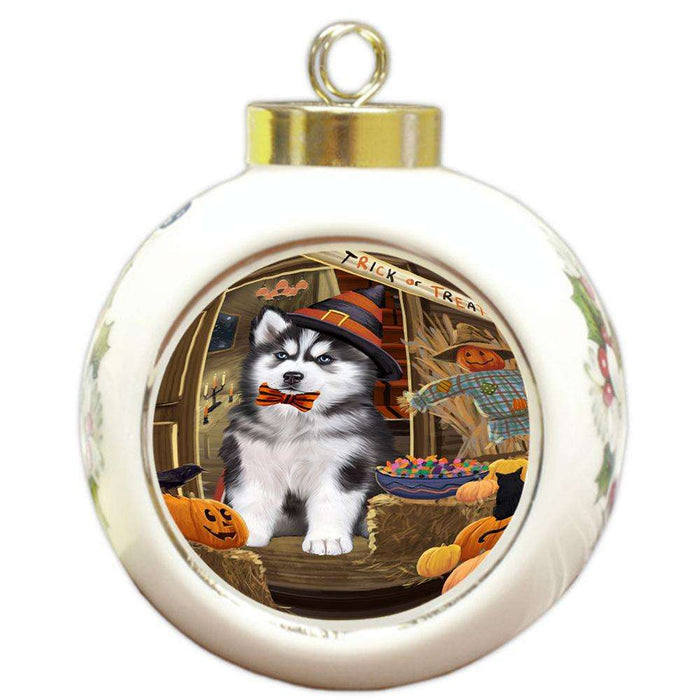 Enter at Own Risk Trick or Treat Halloween Siberian Huskie Dog Round Ball Christmas Ornament RBPOR53303