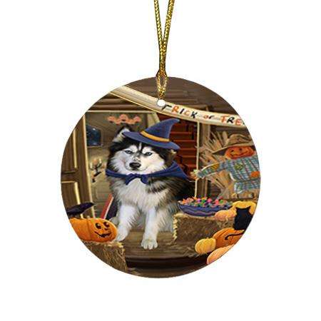 Enter at Own Risk Trick or Treat Halloween Siberian Huskie Dog Round Flat Christmas Ornament RFPOR53290
