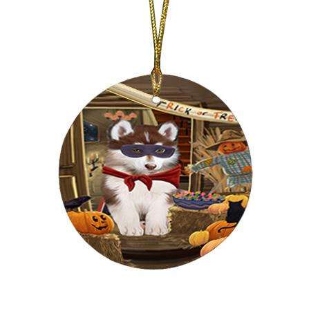 Enter at Own Risk Trick or Treat Halloween Siberian Huskie Dog Round Flat Christmas Ornament RFPOR53291