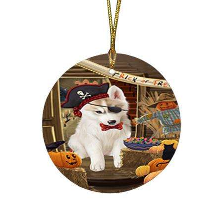 Enter at Own Risk Trick or Treat Halloween Siberian Huskie Dog Round Flat Christmas Ornament RFPOR53292