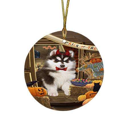 Enter at Own Risk Trick or Treat Halloween Siberian Huskie Dog Round Flat Christmas Ornament RFPOR53293