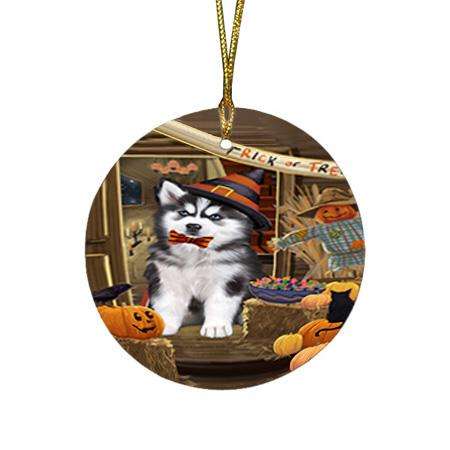 Enter at Own Risk Trick or Treat Halloween Siberian Huskie Dog Round Flat Christmas Ornament RFPOR53294
