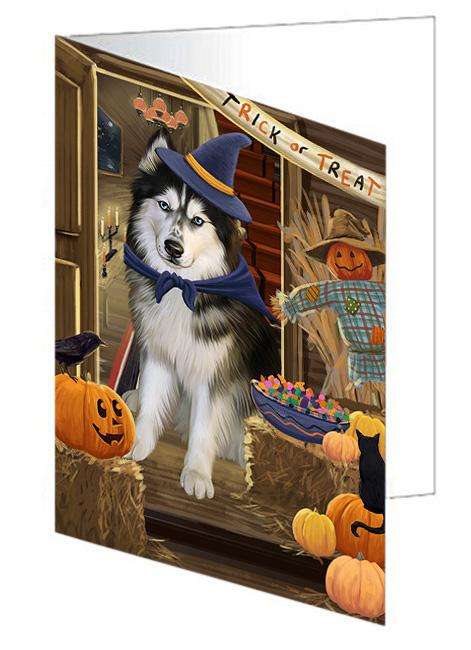 Enter at Own Risk Trick or Treat Halloween Siberian Husky Dog Handmade Artwork Assorted Pets Greeting Cards and Note Cards with Envelopes for All Occasions and Holiday Seasons GCD63926