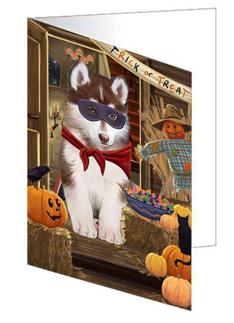 Enter at Own Risk Trick or Treat Halloween Siberian Husky Dog Handmade Artwork Assorted Pets Greeting Cards and Note Cards with Envelopes for All Occasions and Holiday Seasons GCD63929