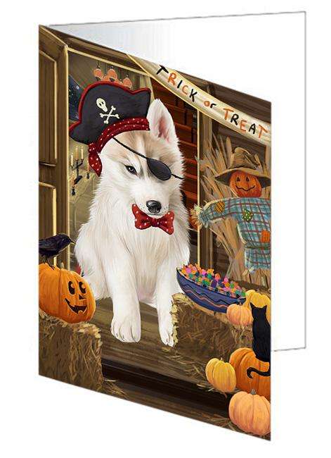 Enter at Own Risk Trick or Treat Halloween Siberian Husky Dog Handmade Artwork Assorted Pets Greeting Cards and Note Cards with Envelopes for All Occasions and Holiday Seasons GCD63932