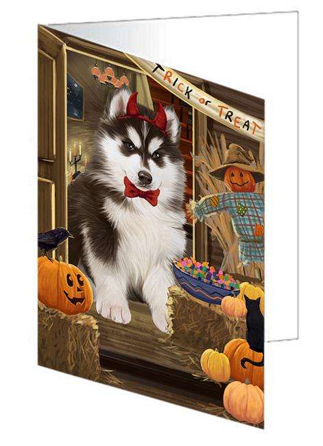 Enter at Own Risk Trick or Treat Halloween Siberian Husky Dog Handmade Artwork Assorted Pets Greeting Cards and Note Cards with Envelopes for All Occasions and Holiday Seasons GCD63935