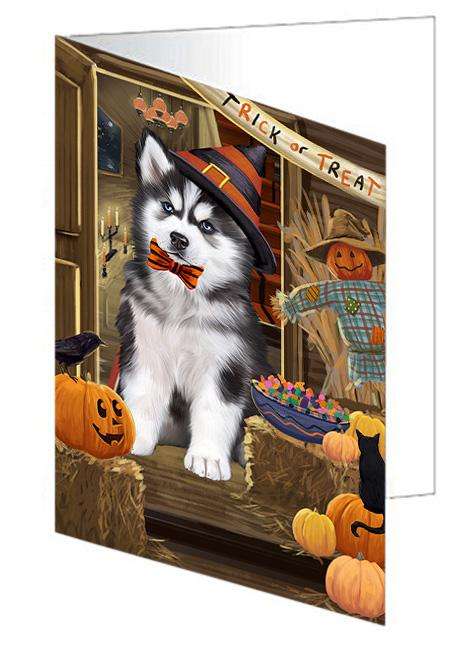 Enter at Own Risk Trick or Treat Halloween Siberian Husky Dog Handmade Artwork Assorted Pets Greeting Cards and Note Cards with Envelopes for All Occasions and Holiday Seasons GCD63938