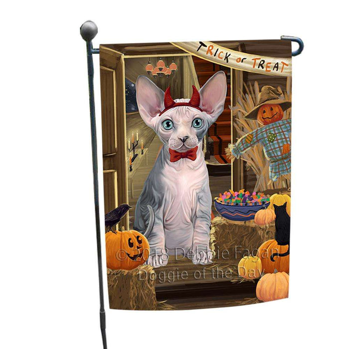 Enter at Own Risk Trick or Treat Halloween Sphynx Cat Garden Flag GFLG53369