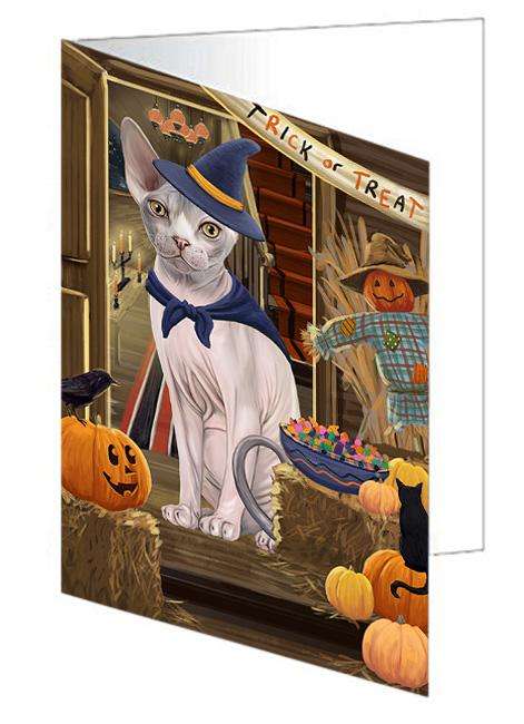 Enter at Own Risk Trick or Treat Halloween Sphynx Cat Handmade Artwork Assorted Pets Greeting Cards and Note Cards with Envelopes for All Occasions and Holiday Seasons GCD63941