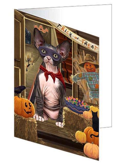 Enter at Own Risk Trick or Treat Halloween Sphynx Cat Handmade Artwork Assorted Pets Greeting Cards and Note Cards with Envelopes for All Occasions and Holiday Seasons GCD63944