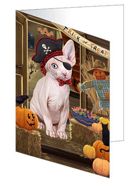 Enter at Own Risk Trick or Treat Halloween Sphynx Cat Handmade Artwork Assorted Pets Greeting Cards and Note Cards with Envelopes for All Occasions and Holiday Seasons GCD63947