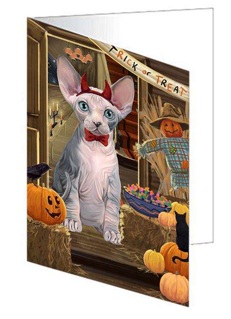 Enter at Own Risk Trick or Treat Halloween Sphynx Cat Handmade Artwork Assorted Pets Greeting Cards and Note Cards with Envelopes for All Occasions and Holiday Seasons GCD63950