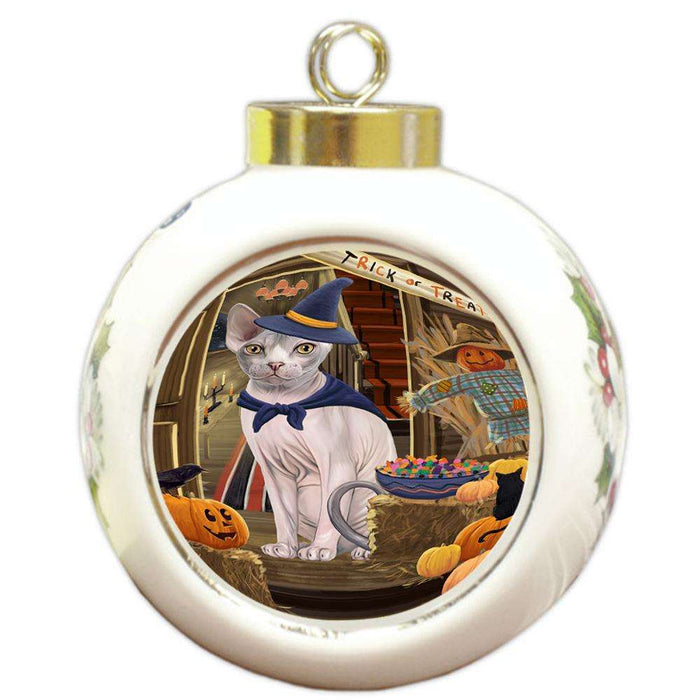 Enter at Own Risk Trick or Treat Halloween Sphynx Cat Round Ball Christmas Ornament RBPOR53304