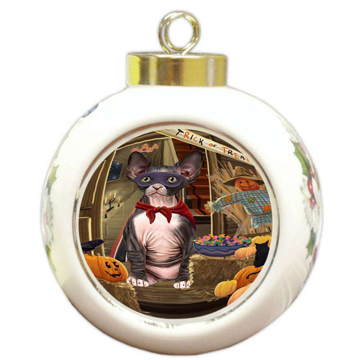 Enter at Own Risk Trick or Treat Halloween Sphynx Cat Round Ball Christmas Ornament RBPOR53305