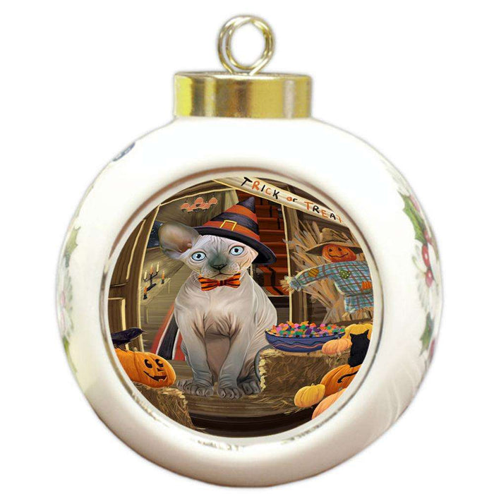 Enter at Own Risk Trick or Treat Halloween Sphynx Cat Round Ball Christmas Ornament RBPOR53308