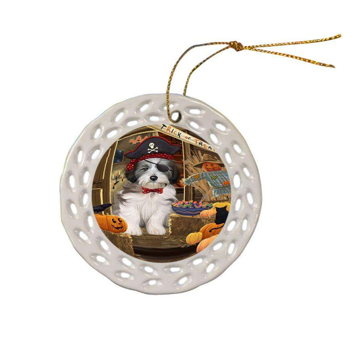 Enter at Own Risk Trick or Treat Halloween Tibetan Terrier Dog Ceramic Doily Ornament DPOR53311