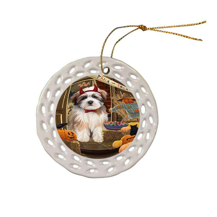 Enter at Own Risk Trick or Treat Halloween Tibetan Terrier Dog Ceramic Doily Ornament DPOR53312