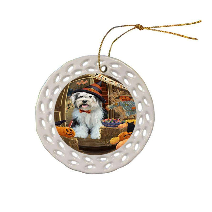 Enter at Own Risk Trick or Treat Halloween Tibetan Terrier Dog Ceramic Doily Ornament DPOR53313