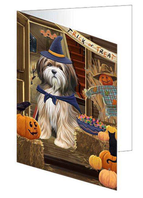 Enter at Own Risk Trick or Treat Halloween Tibetan Terrier Dog Handmade Artwork Assorted Pets Greeting Cards and Note Cards with Envelopes for All Occasions and Holiday Seasons GCD63956