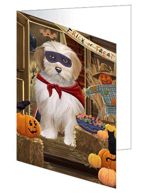 Enter at Own Risk Trick or Treat Halloween Tibetan Terrier Dog Handmade Artwork Assorted Pets Greeting Cards and Note Cards with Envelopes for All Occasions and Holiday Seasons GCD63959