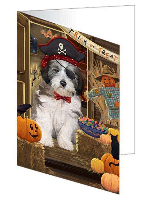 Enter at Own Risk Trick or Treat Halloween Tibetan Terrier Dog Handmade Artwork Assorted Pets Greeting Cards and Note Cards with Envelopes for All Occasions and Holiday Seasons GCD63962