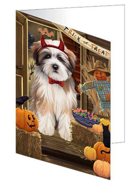 Enter at Own Risk Trick or Treat Halloween Tibetan Terrier Dog Handmade Artwork Assorted Pets Greeting Cards and Note Cards with Envelopes for All Occasions and Holiday Seasons GCD63965