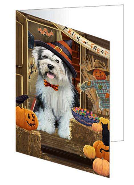 Enter at Own Risk Trick or Treat Halloween Tibetan Terrier Dog Handmade Artwork Assorted Pets Greeting Cards and Note Cards with Envelopes for All Occasions and Holiday Seasons GCD63968