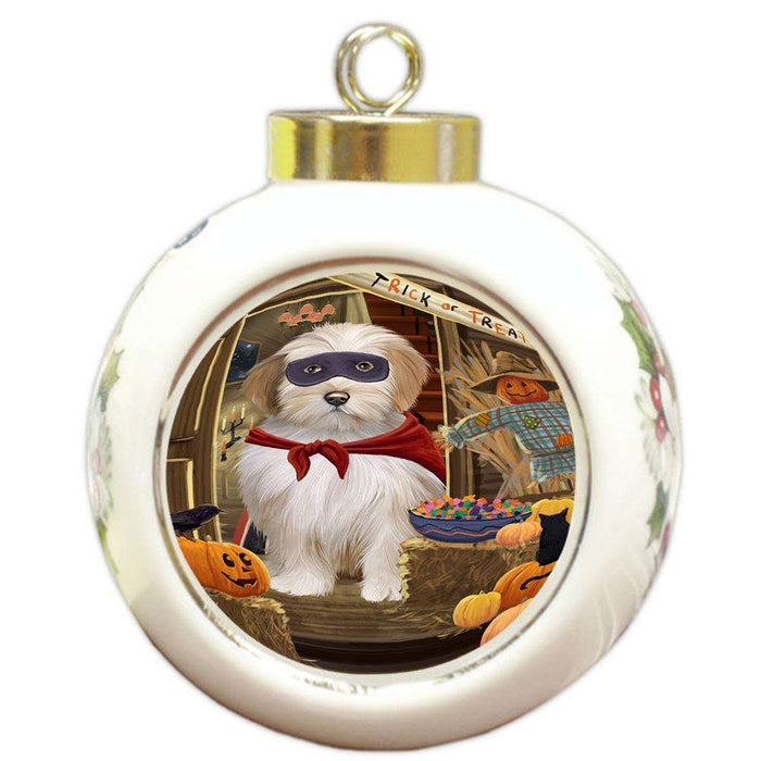 Enter at Own Risk Trick or Treat Halloween Tibetan Terrier Dog Round Ball Christmas Ornament RBPOR53310