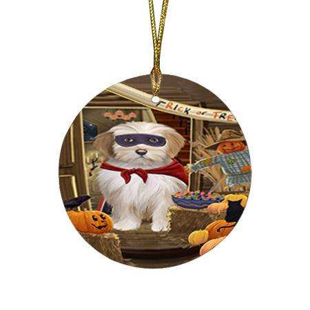 Enter at Own Risk Trick or Treat Halloween Tibetan Terrier Dog Round Flat Christmas Ornament RFPOR53301
