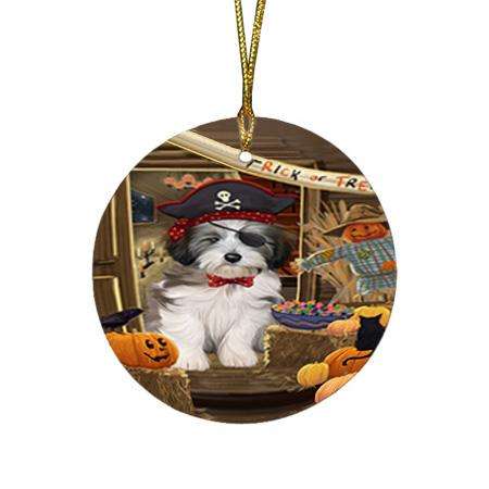 Enter at Own Risk Trick or Treat Halloween Tibetan Terrier Dog Round Flat Christmas Ornament RFPOR53302