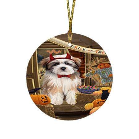 Enter at Own Risk Trick or Treat Halloween Tibetan Terrier Dog Round Flat Christmas Ornament RFPOR53303