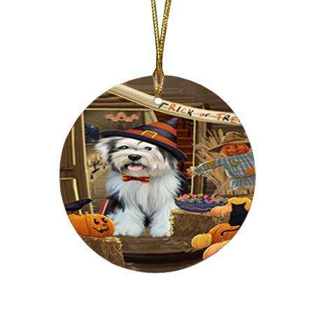 Enter at Own Risk Trick or Treat Halloween Tibetan Terrier Dog Round Flat Christmas Ornament RFPOR53304