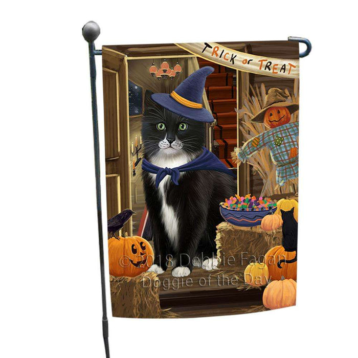 Enter at Own Risk Trick or Treat Halloween Tuxedo Cat Garden Flag GFLG53381