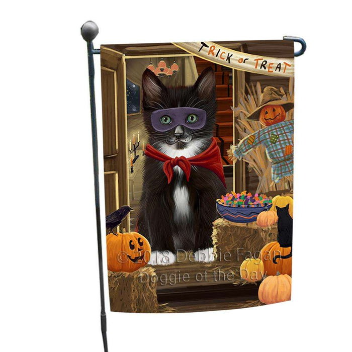 Enter at Own Risk Trick or Treat Halloween Tuxedo Cat Garden Flag GFLG53382