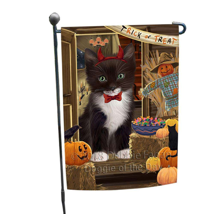 Enter at Own Risk Trick or Treat Halloween Tuxedo Cat Garden Flag GFLG53384