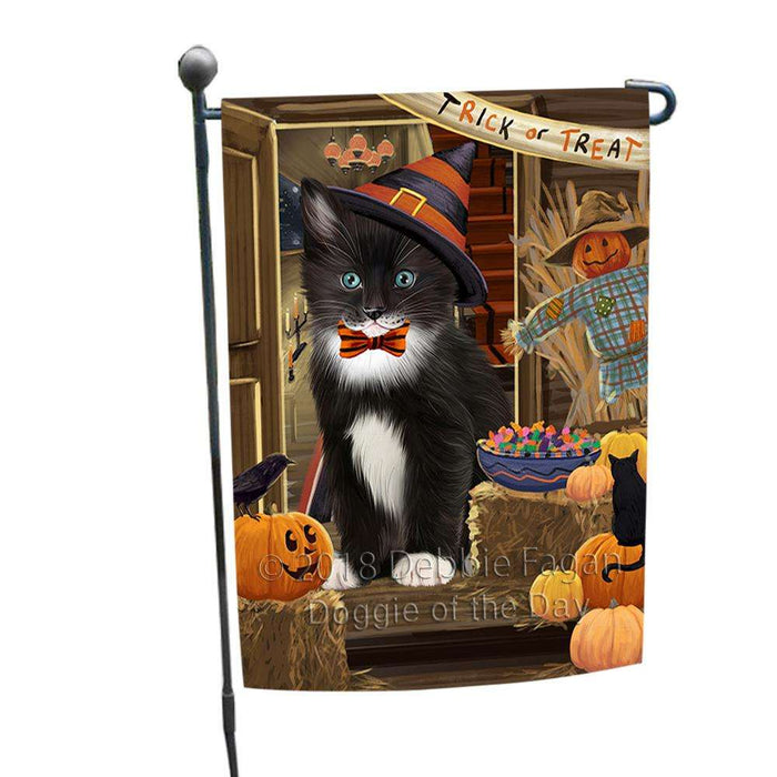 Enter at Own Risk Trick or Treat Halloween Tuxedo Cat Garden Flag GFLG53385