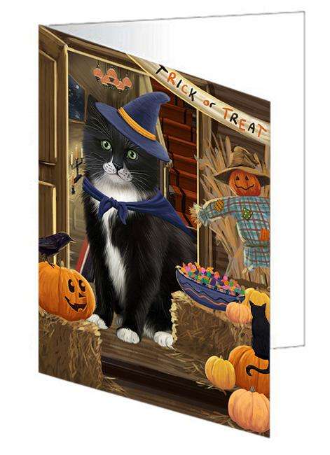 Enter at Own Risk Trick or Treat Halloween Tuxedo Cat Handmade Artwork Assorted Pets Greeting Cards and Note Cards with Envelopes for All Occasions and Holiday Seasons GCD63986