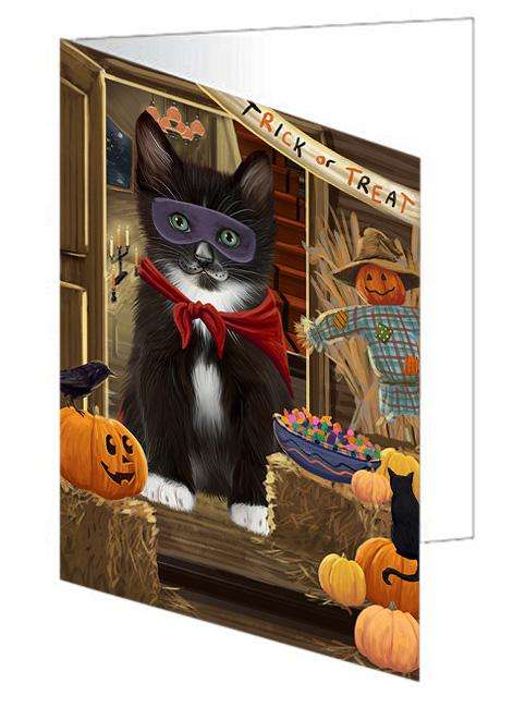 Enter at Own Risk Trick or Treat Halloween Tuxedo Cat Handmade Artwork Assorted Pets Greeting Cards and Note Cards with Envelopes for All Occasions and Holiday Seasons GCD63989