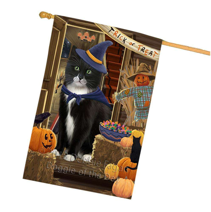 Enter at Own Risk Trick or Treat Halloween Tuxedo Cat House Flag FLG53517