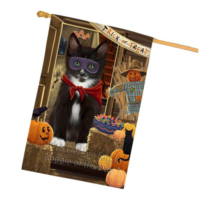 Enter at Own Risk Trick or Treat Halloween Tuxedo Cat House Flag FLG53518