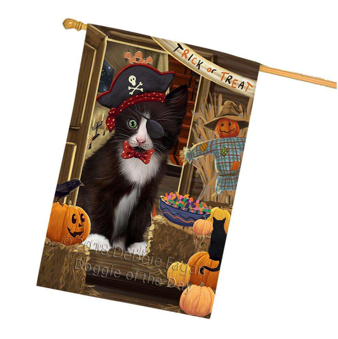 Enter at Own Risk Trick or Treat Halloween Tuxedo Cat House Flag FLG53519