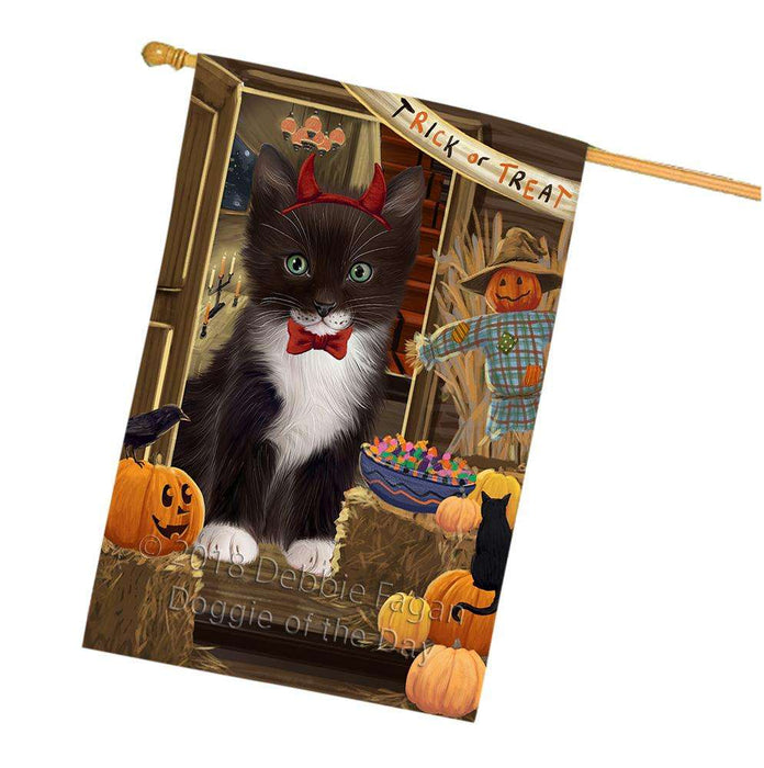 Enter at Own Risk Trick or Treat Halloween Tuxedo Cat House Flag FLG53520