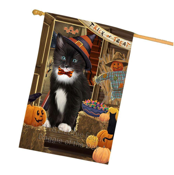 Enter at Own Risk Trick or Treat Halloween Tuxedo Cat House Flag FLG53521