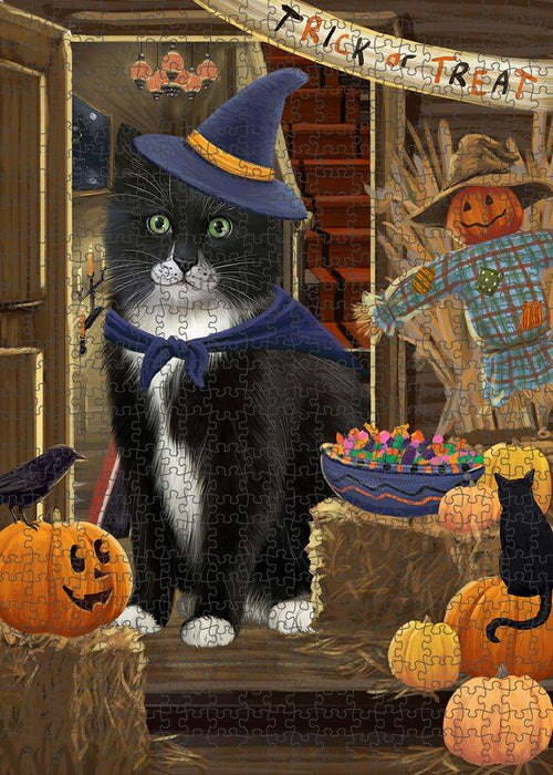 Enter at Own Risk Trick or Treat Halloween Tuxedo Cat Puzzle with Photo Tin PUZL80432