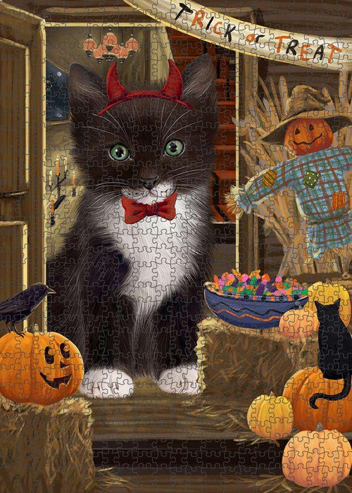 Enter at Own Risk Trick or Treat Halloween Tuxedo Cat Puzzle with Photo Tin PUZL80444