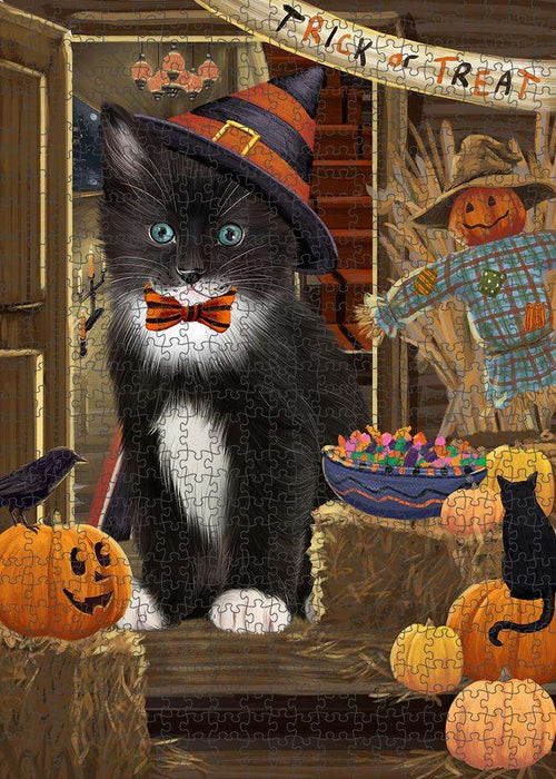 Enter at Own Risk Trick or Treat Halloween Tuxedo Cat Puzzle with Photo Tin PUZL80448