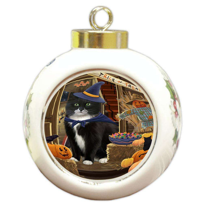 Enter at Own Risk Trick or Treat Halloween Tuxedo Cat Round Ball Christmas Ornament RBPOR53319
