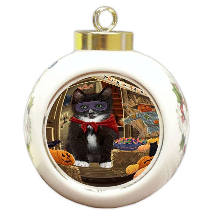 Enter at Own Risk Trick or Treat Halloween Tuxedo Cat Round Ball Christmas Ornament RBPOR53320